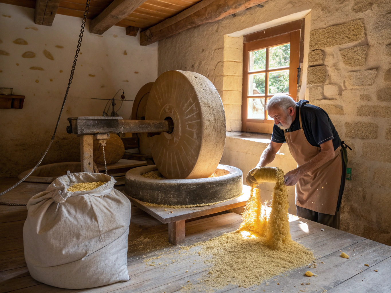 Artisanal stone-milled flour in a rustic kitchen
