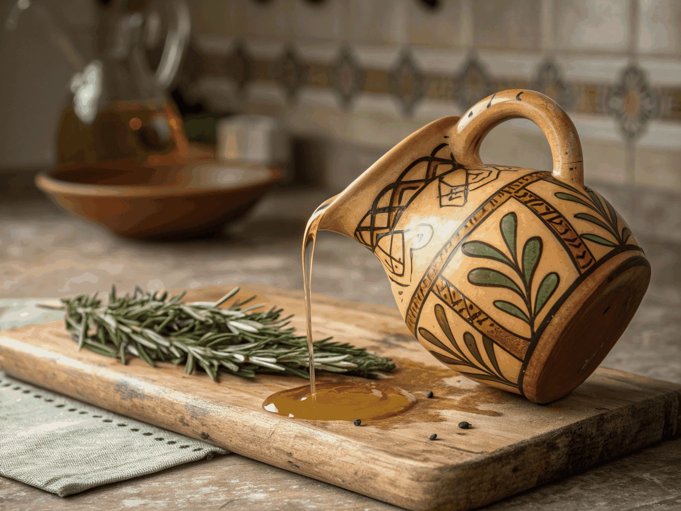 Golden olive oil being poured over fresh ingredients