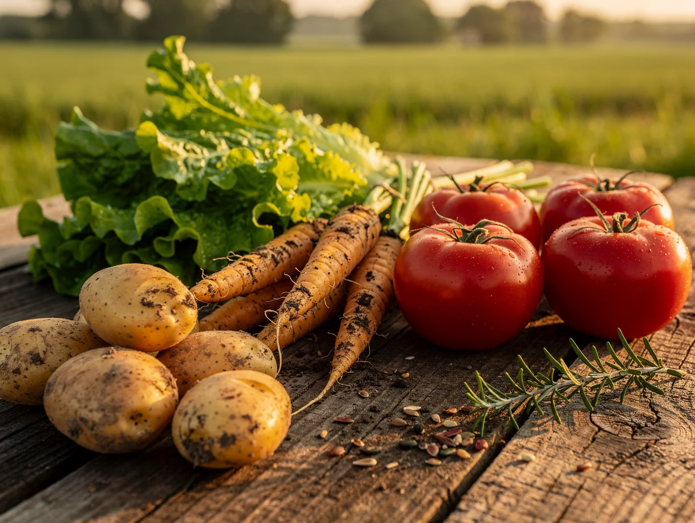 Fresh seasonal harvest ingredients arranged on a rustic dining table