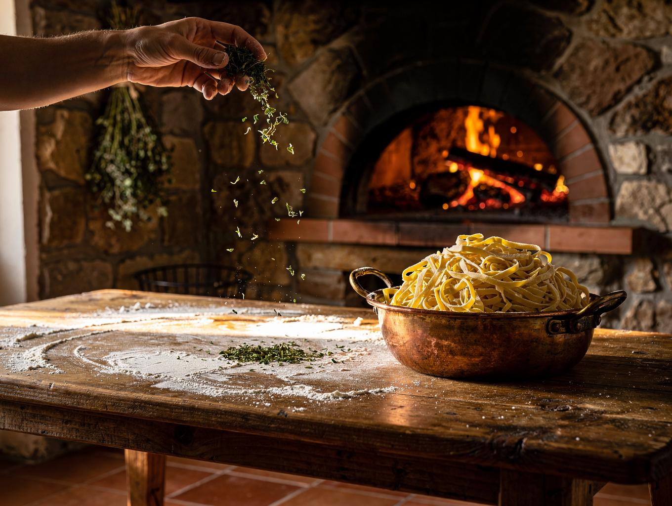 Traditional stone farmhouse kitchen in the Tuscan countryside
