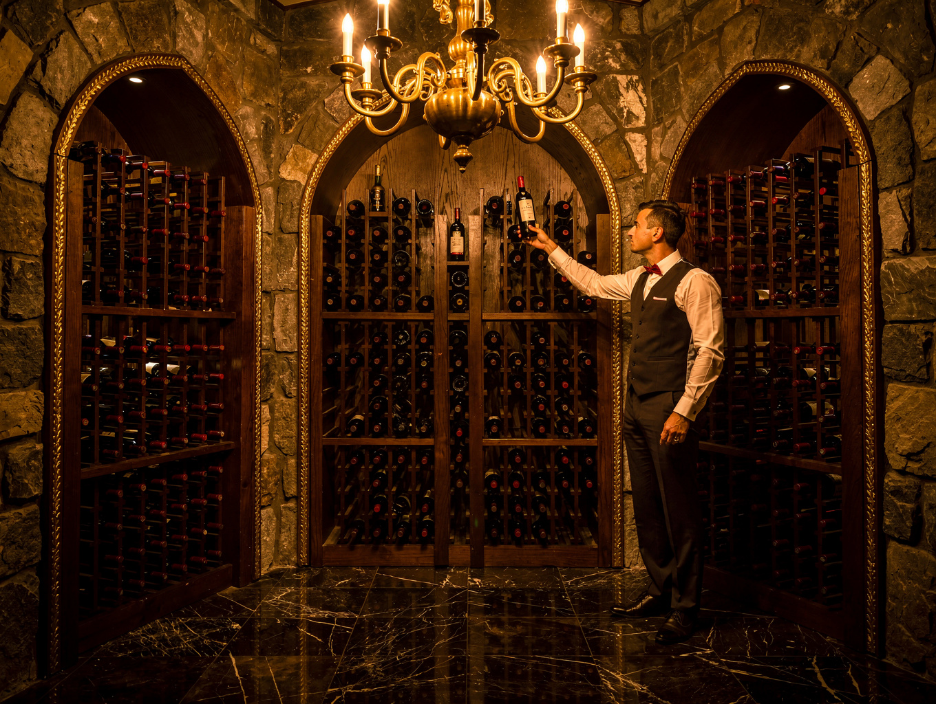 Sommelier selecting a vintage Italian wine bottle