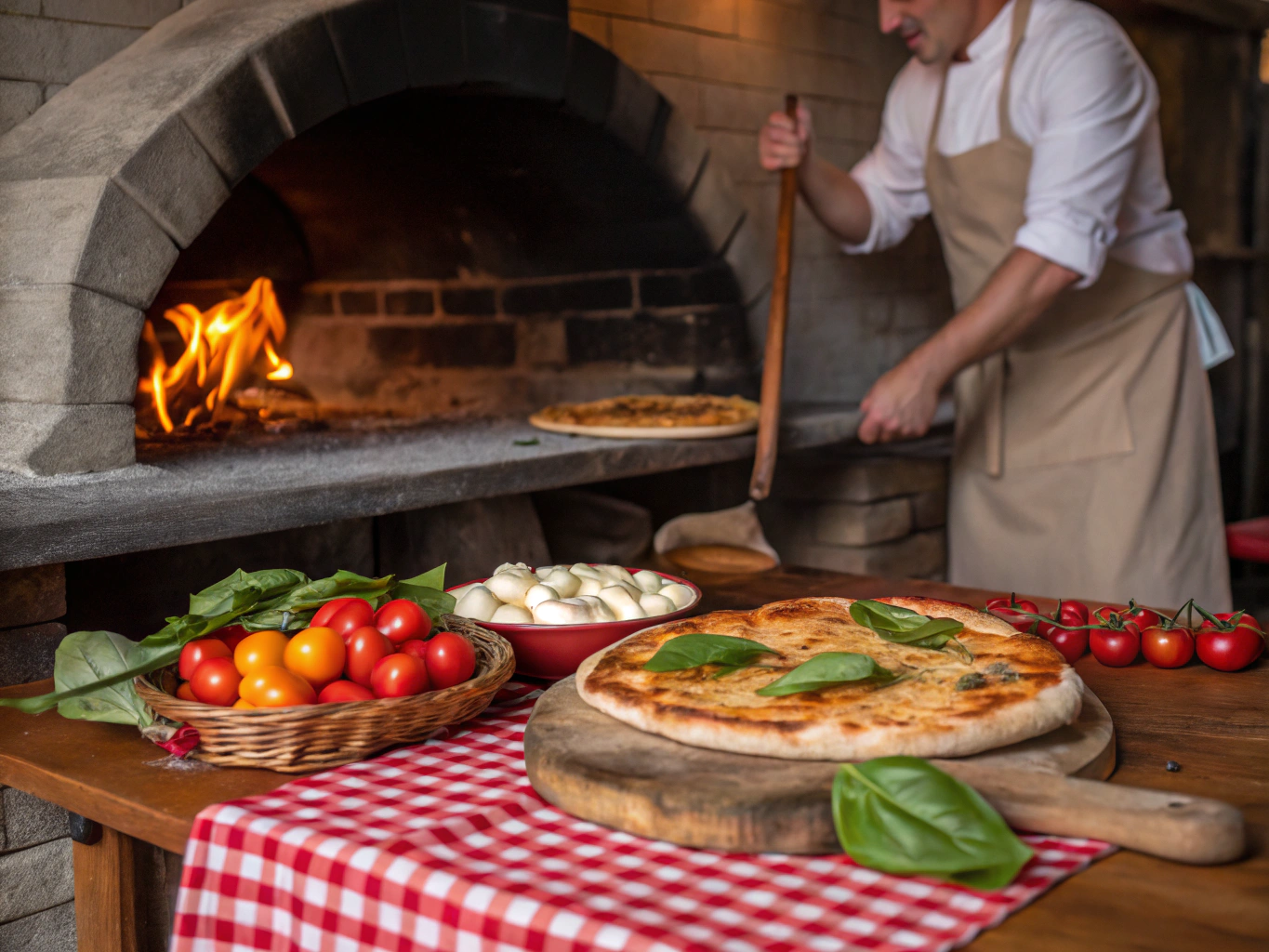 Traditional wood-fired hearth with glowing embers and fresh ingredients